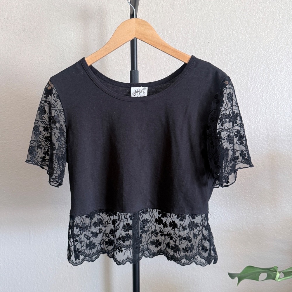 Vintage Black Lace Trim Short Sleeve Crop Top Shirt S Womens